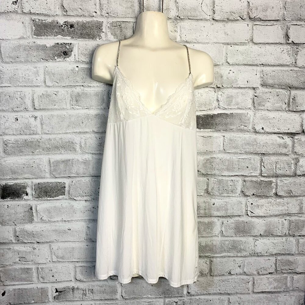 La Senza Satin Lace Rhinestone Strap White Camisole Lingerie Slip Dress Nighty